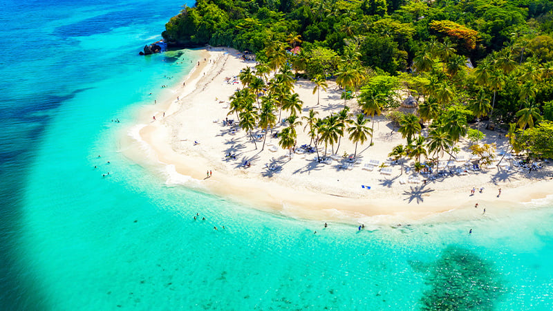 Aerial drone view of beautiful Caribbean tropical island with palms and turquoise water