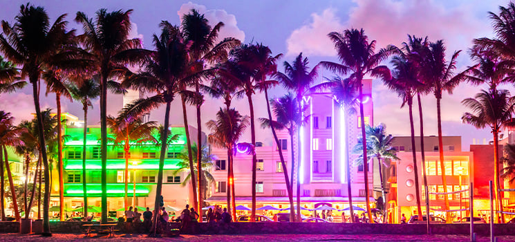 Ocean Drive hotels and restaurants at sunset on South Beach